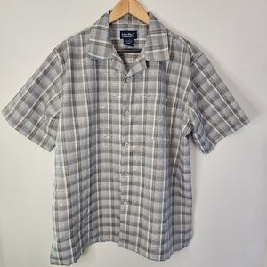 John Blair Gray Plaid Short Sleeve Button Down Shirt Size Large